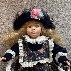 Floral Dress Porcelain Doll with Hat